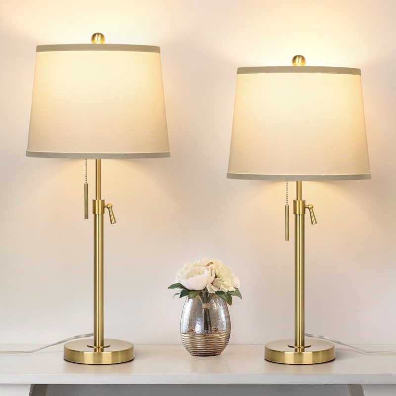 Table Lamps Set Telescoping Stem Gold Finish White Drum Shades