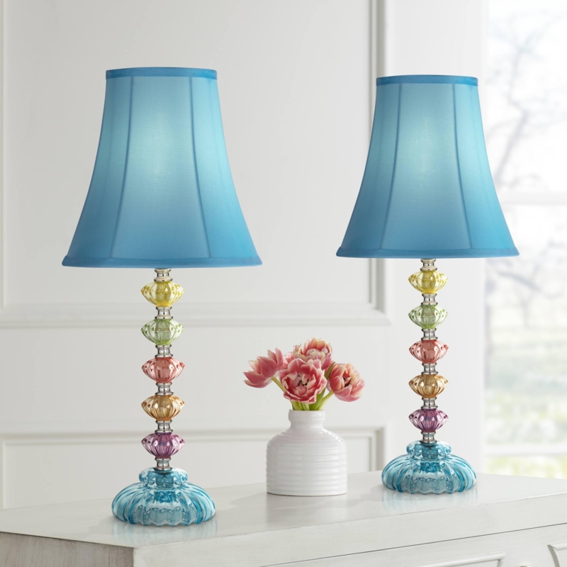 Table Lamps Set with Bohemian Stacked Glass Spheres and Blue Shades
