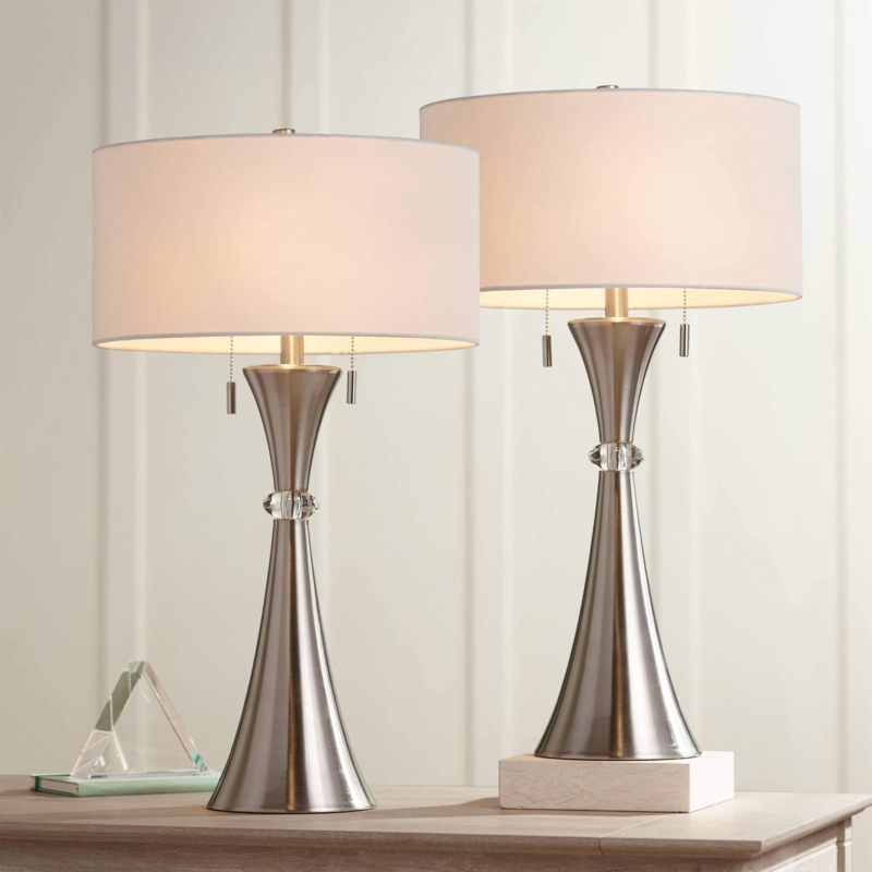 Table Lamps Set with Polished Silver Hourglass Base & White Drum Shades