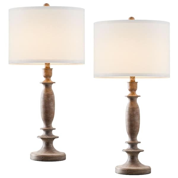 Table Lamps Set with Turned Spindle Base Whitewashed Wood Finish