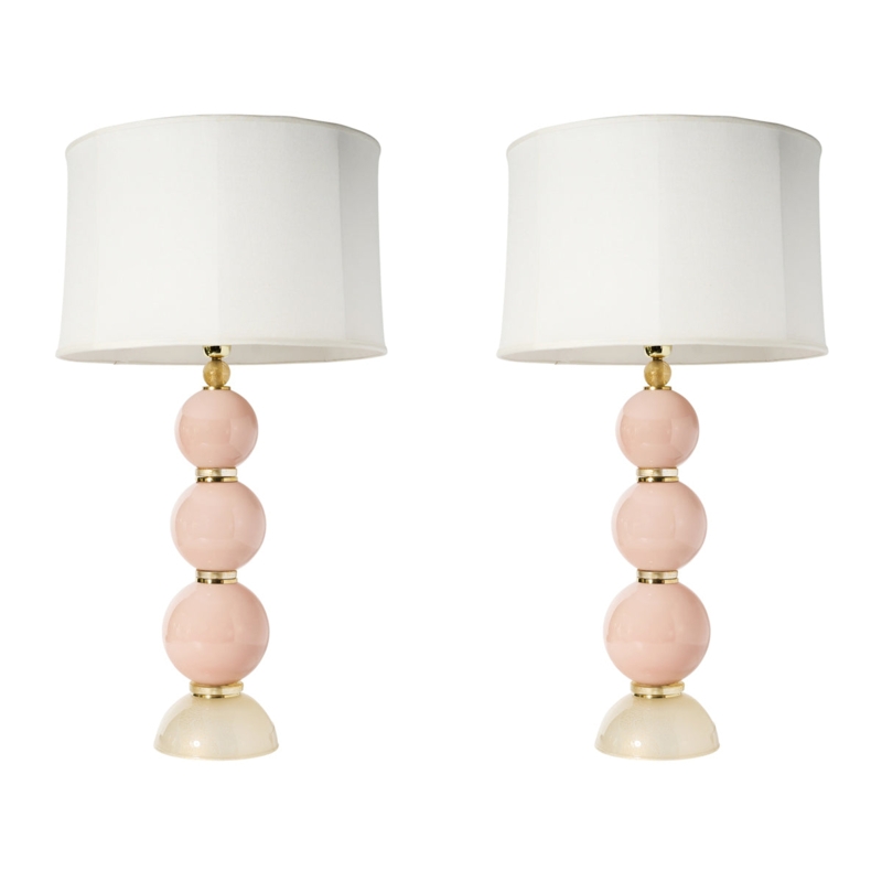 Table Lamps: Stacked Opaque Glass Spheres, Pleated Shades. Murano Style Decor.