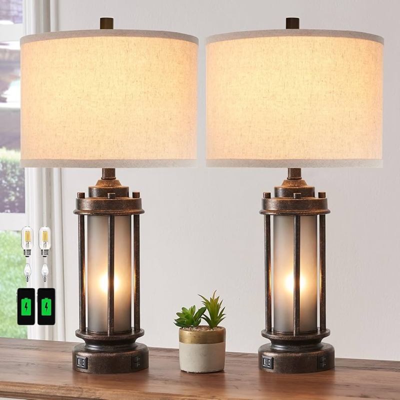 Table Lamps with Lantern Base, Nightlight, USB Ports, Farmhouse Charm