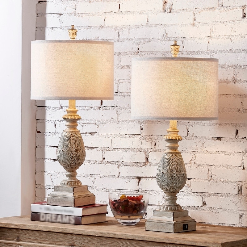 Table Lamps with Matte Black Tiered Base, Pull Chain, and USB Ports