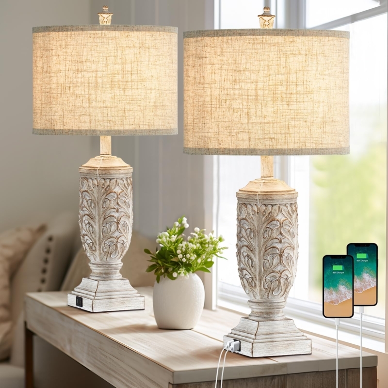 Table Lamps with Whitewashed Leafwork and USB, Farmhouse Chic
