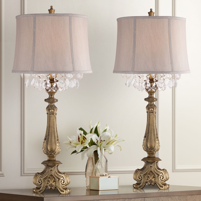 Tall Bedside Lamp Set, Ornate Scrolled Bases, Bell Shades.