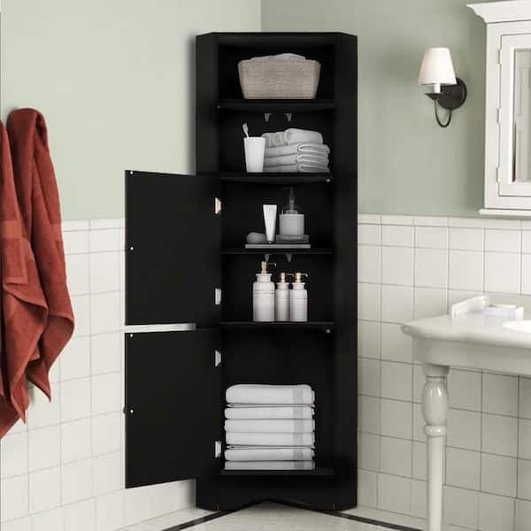Tall Black Corner Linen Cabinet with Glass Front Door