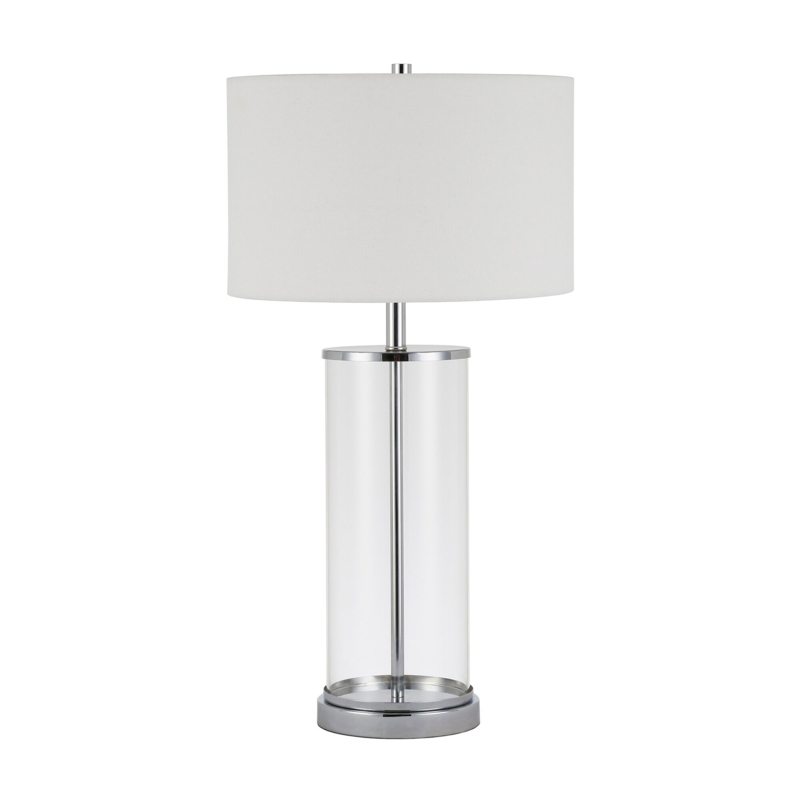 Tall Clear Glass Table Lamp Cylindrical Body Antique Brass Neck
