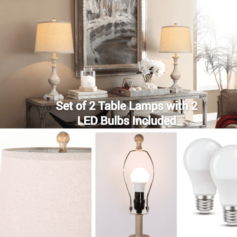Tall Coastal Table Lamp Set Turned Wood Base Natural Linen Shade