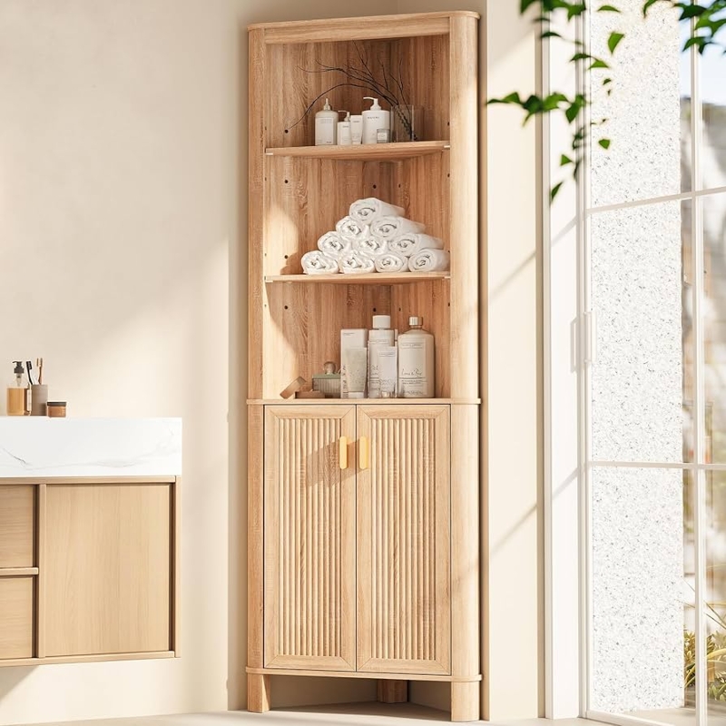 Tall Corner Cabinet with Arched Top and Fluted Glass Doors