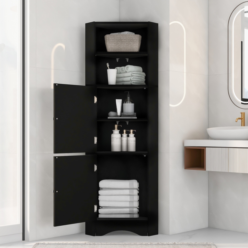 Tall Corner Cabinet with Triangular Footprint and Tiered Storage