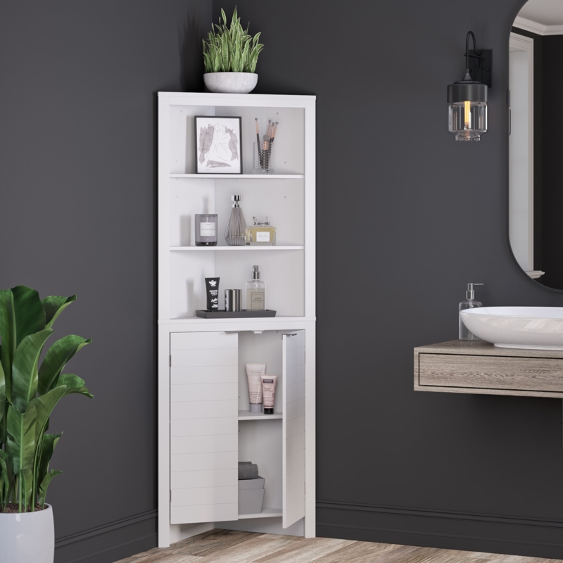 Tall Corner Linen Cabinet White Open Shelving Crown Molding