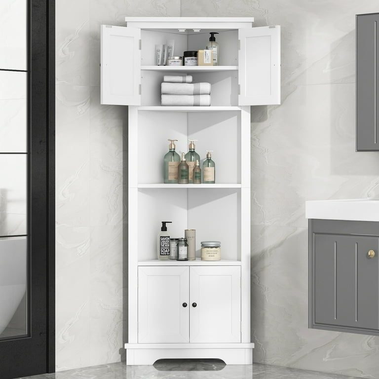 Tall Corner Storage Cabinet with Louvered Doors and Open Shelves