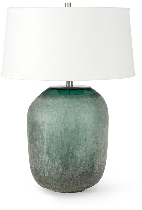 Tall Dark Teal Green Glass Table Lamp Hand Etched Pewter