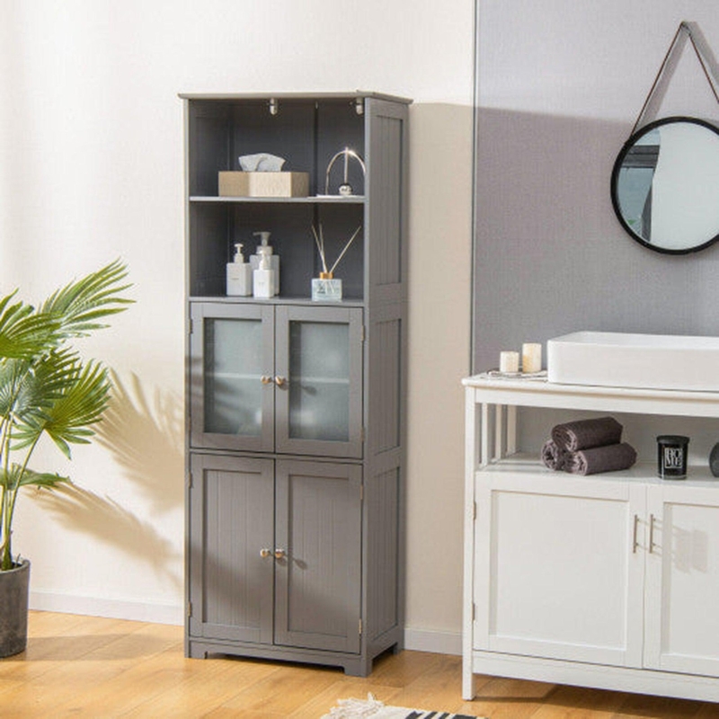 Tall Grey Linen Tower with Louvered Door and 6-Tier Storage