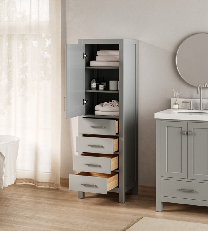 Tall Linen Cabinet Glass Upper Door Shaker Drawers Grey