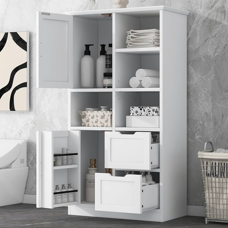 Tall Linen Cabinet with Shaker Doors and Open Shelves