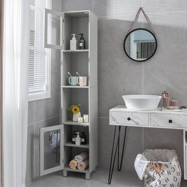 Tall Linen Tower featuring Louvered Door and Open Shelves