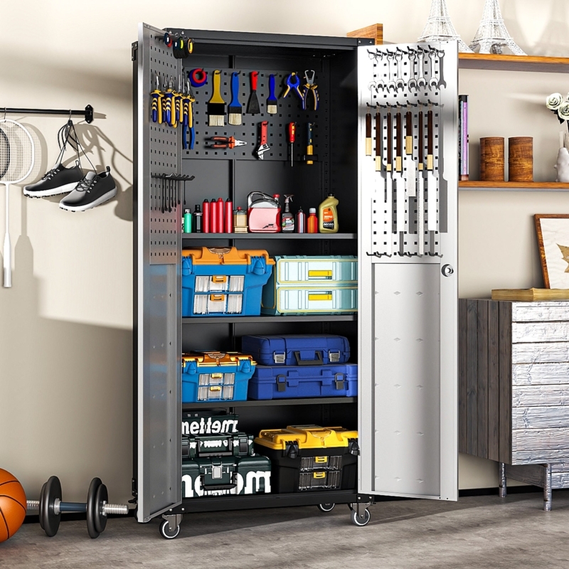 Tall Metal Garage Storage Cabinet with Locking Handles and Wheels