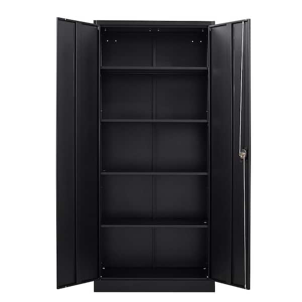 Tall Storage Cabinet Five-Tier Shelving Matte Black Lockable Doors