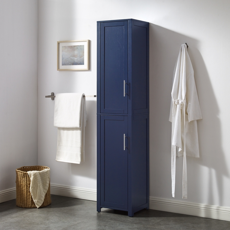 Tall Storage Cabinet Navy with Glass-Front Doors and Arched Base