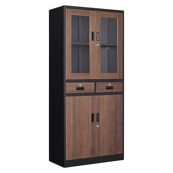 Tall Storage Cabinet with Four Glass Doors and Wood Metal Combination