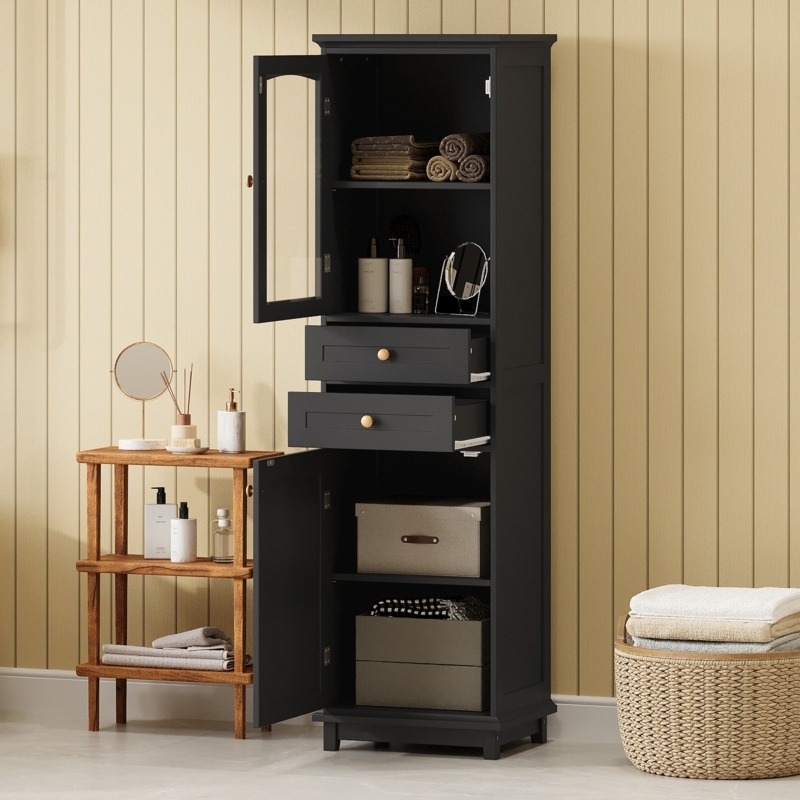 Tall Storage Cabinet with Glass Doors and Open Bottom Shelf
