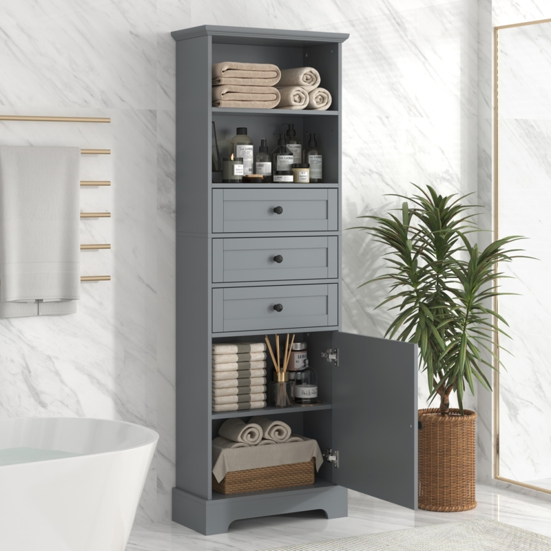 Tall Storage Cabinet with Slatted Door and Recessed Handles