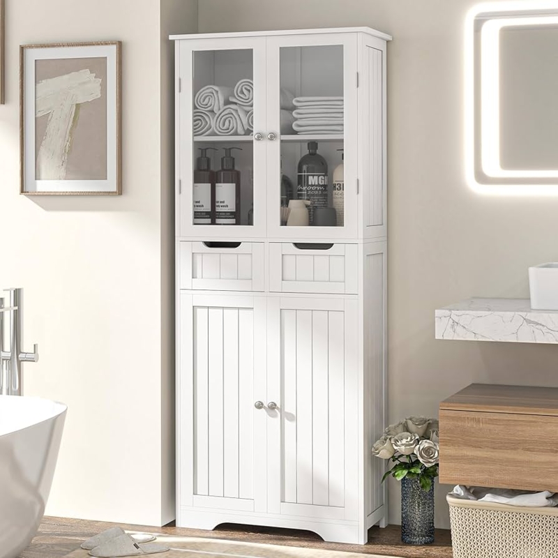 Tall Storage Cabinet with Window-Pane Glass and Shaker Door