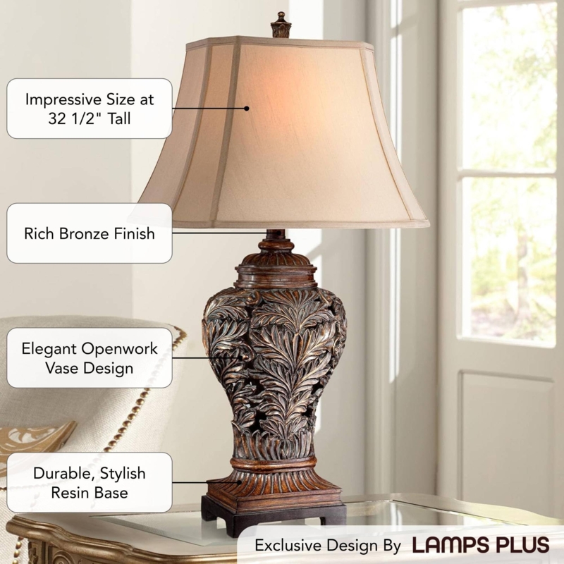 Tall Traditional Leafwork Table Lamp Rectangular Shade Antiqued Wood