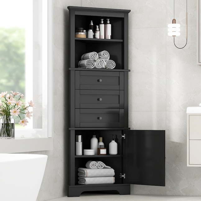 Tall Triangular Cabinet featuring Tiered Shelving and Drawers