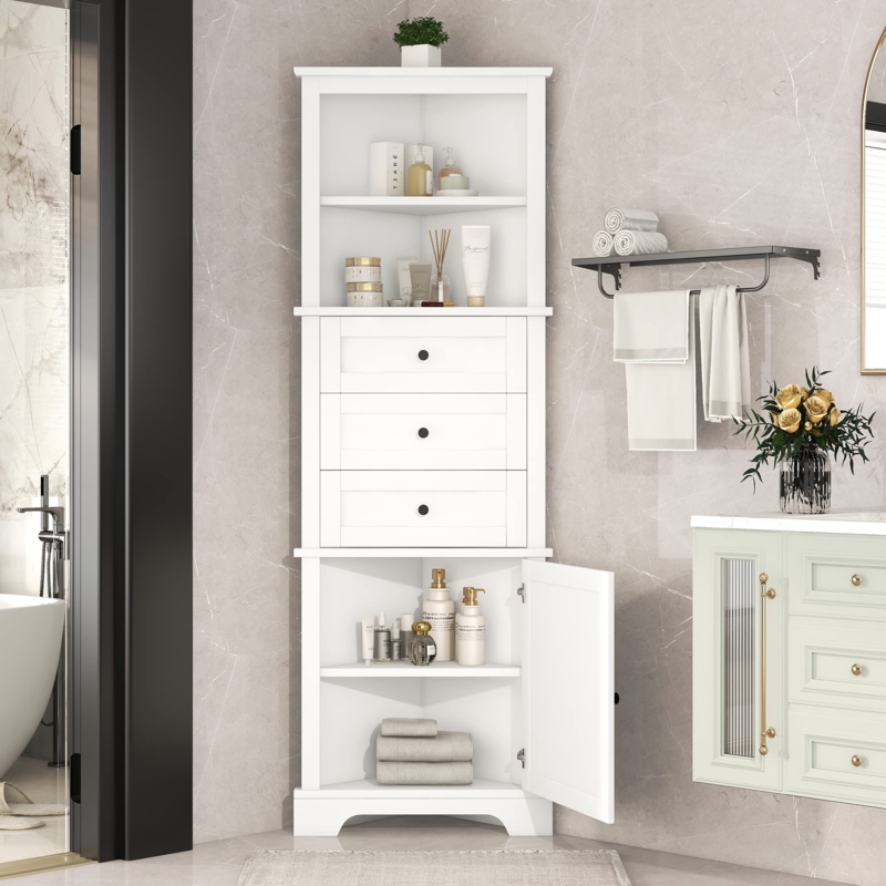 Tall Triangular Linen Cabinet with Drawers and Open Shelving