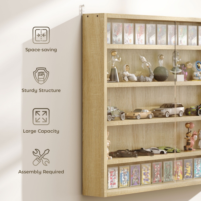 Tall Wall Display Cabinet: White 5-Tier with Twin Glass Doors