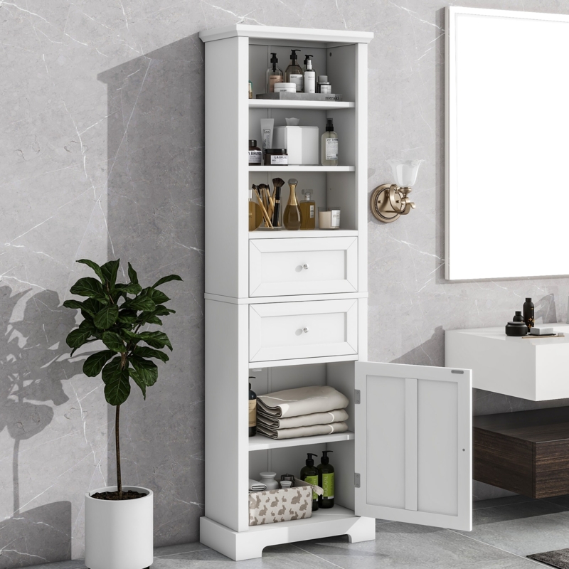 Tall White Bathroom Cabinet, Stacked Drawers, Shaker Panels Storage