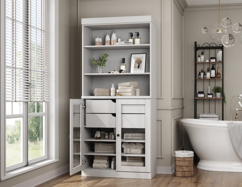 Tall White Bathroom Storage Tower, Glass Doors, Open Shelf, Drawers
