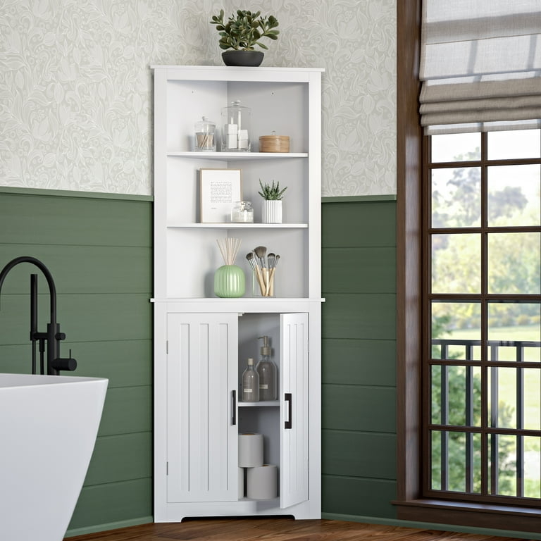Tall White Corner Cabinet Shaker Style Panels Glass Paned Doors