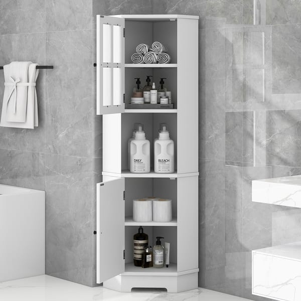 Tall White Corner Cabinet with Cross-Mullion Glass Door