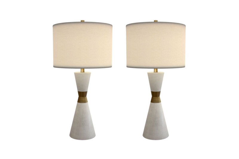 Tall White Resin Table Lamp Set with Hourglass Base & Drum Shades