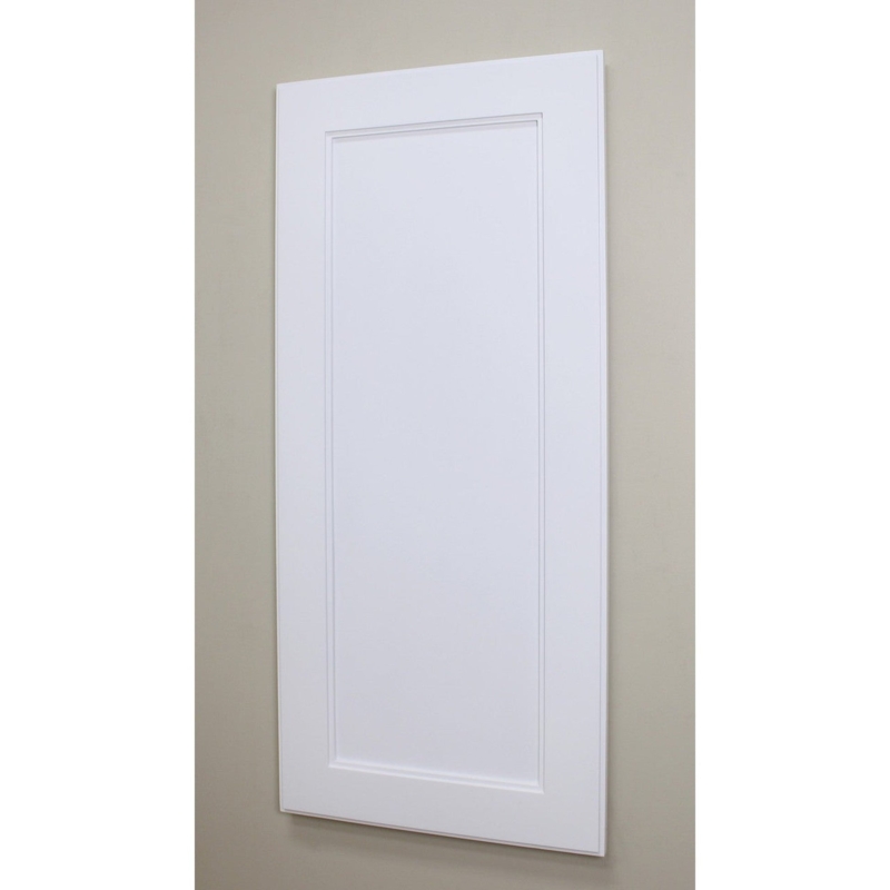 Tall White Shaker Medicine Cabinet featuring Open Glass Shelving.