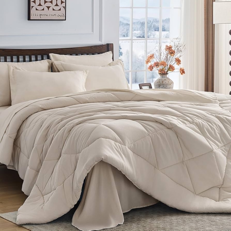 Tan 7-Piece Comforter Set with Box Stitch Quilting All Season