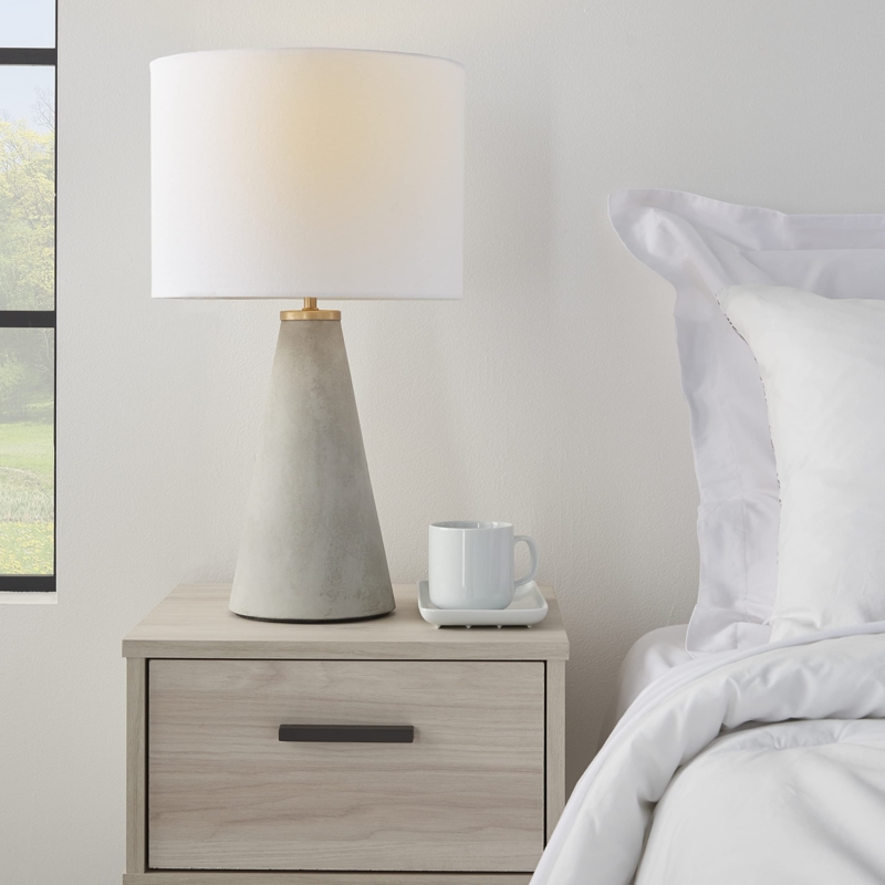 Tapered Grey Concrete-Look Table Lamp with Drum Shade