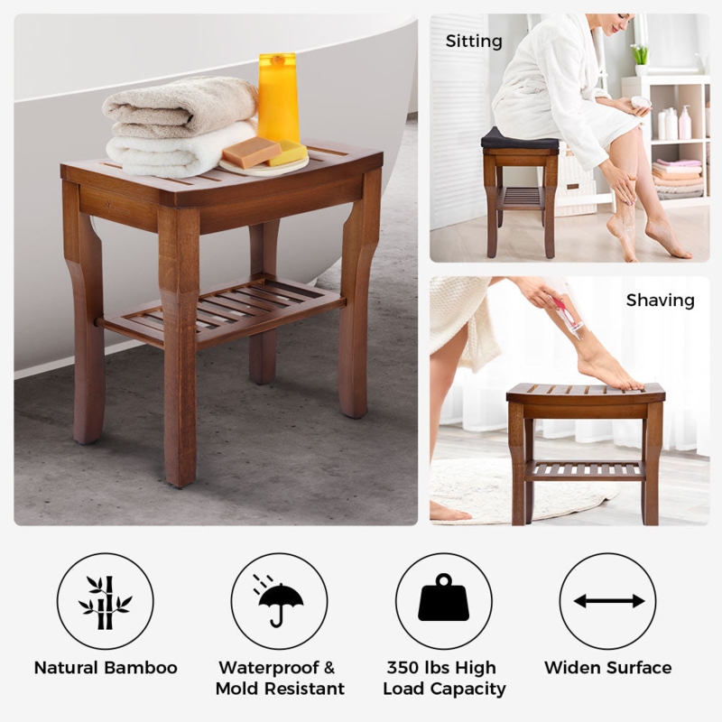 Tapered Leg Bamboo Shower Bench with Curved Slatted Seat