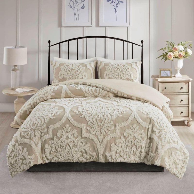 Taupe Chenille Damask Bedding Set with Tufted Cotton Texture