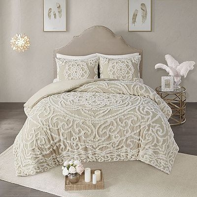 Taupe Cotton Duvet Cover Set with Raised Chenille Medallion
