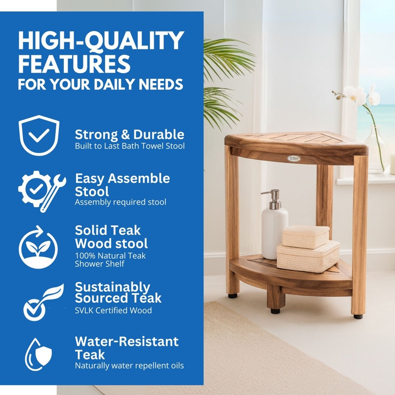 Teak Toned Corner Shower Stool with Adjustable Leveling Feet