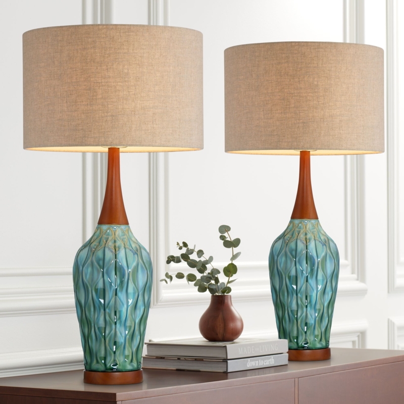 Teal Glaze Table Lamps Set of 2 Ribbed Ceramic Gourd Base