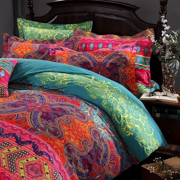 Teal Mandala Print Duvet Cover Set Brushed Cotton Bohemian Bedding