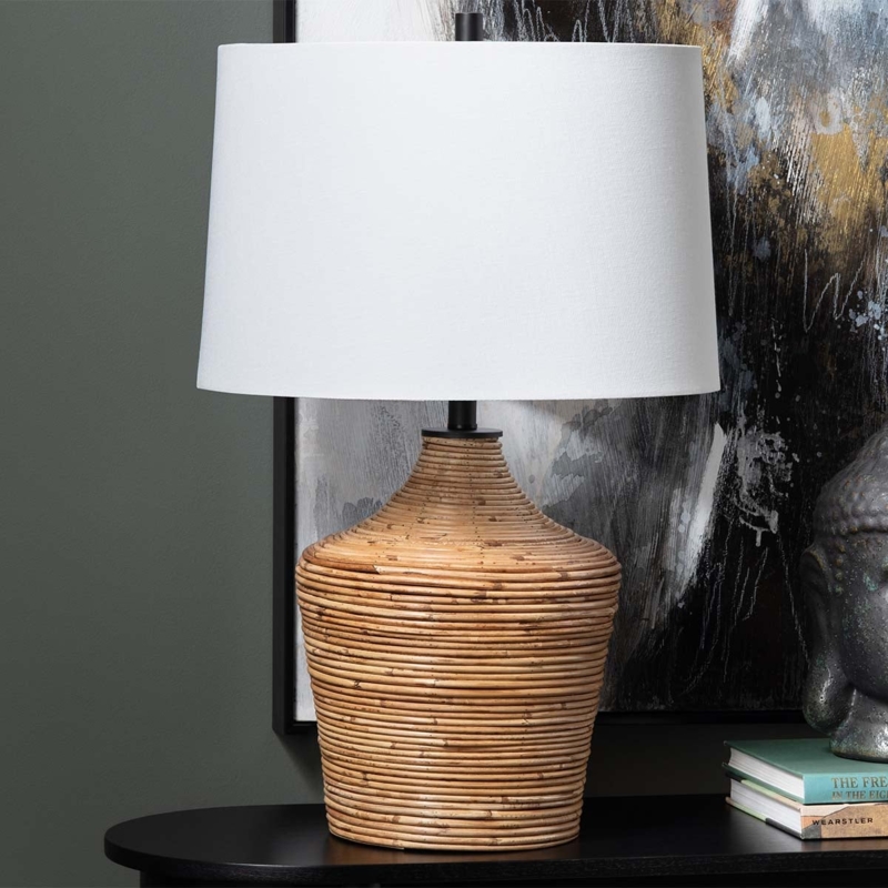 Teardrop Base Rattan Table Lamp with White Drum Shade