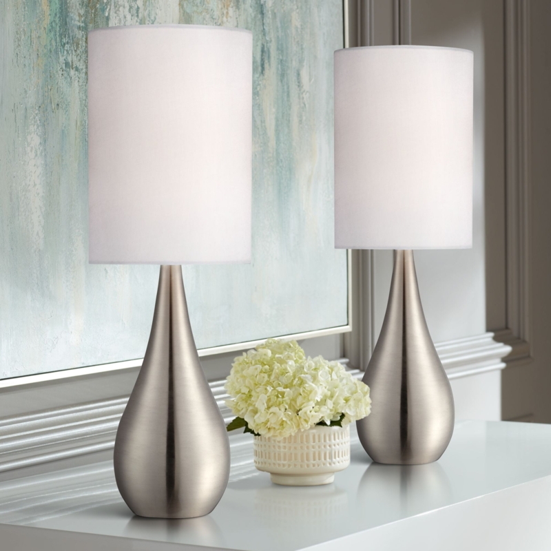 Teardrop Table Lamps Set of Two, Brushed Nickel with Cylinder Shades