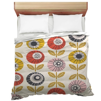 Terracotta Comforter, Retro Floral Print, Mid-Century Modern Style