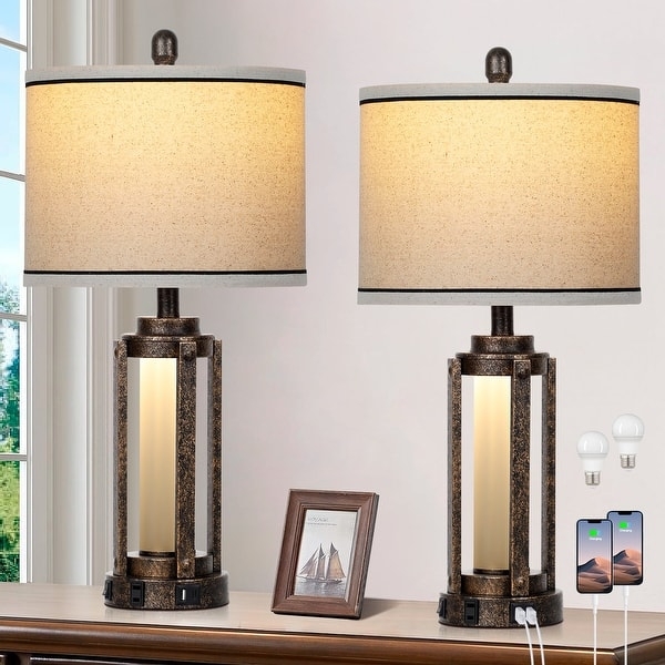 Textured Blue Glass Table Lamps with Integrated Charging Station.